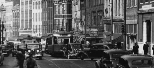 Looking north toward the 200 and 100 blocks of Gay Street in the 1930s (cropped detail; courtesy of Calvin M. McClung Historical Collection, Thompson Photograph Collection)